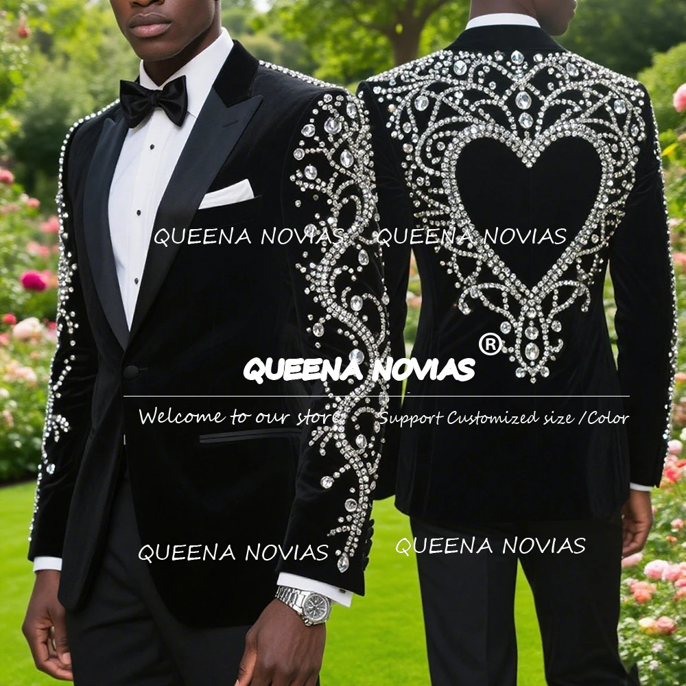 

Unique Design Wedding Suits For Men Crystals Beaded Velvet Groom Blazers Customized 2 Pieces Sets Business Party Costume Homme