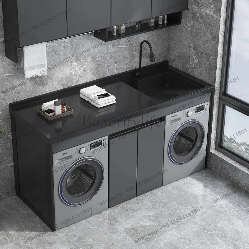 Modern Balcony Combined Laundry Cabinet Double Washing Machine Cabinet Dryer Sink Laundry Basin