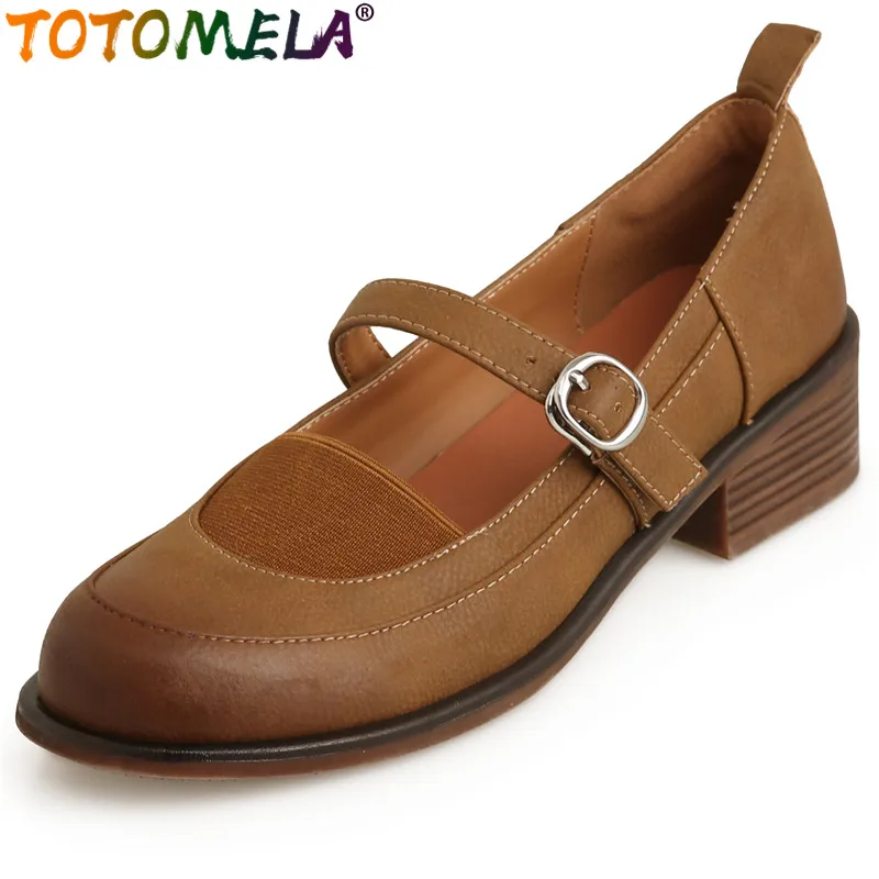 

TOTOMELA 2024 New Buckle Genuine Leather Shoes Woman Vintage Ladies Dress Pumps Mary Janes Square Med Heels Platform Shoes