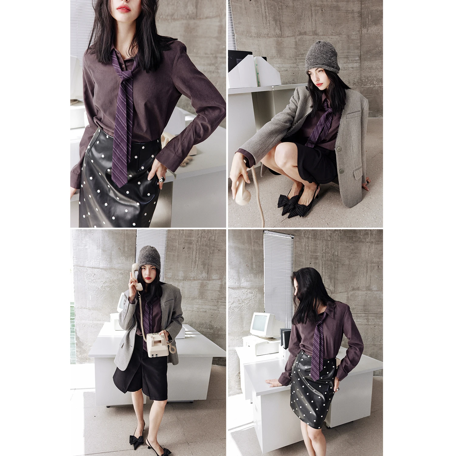 

Rosebanks Faion Archive Vintage Hong Kong Sle INS Blogger Purple Velvet Tie irt Straight Cut Long Sve Polyester Fiber