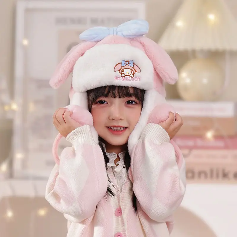 Anime Kawaii Sanrios Cinnamoroll My Melody Kuromi Pochacco Cute Cartoon Kids Ear Protection Hats Winter Plush Girl Warm Hat Gift