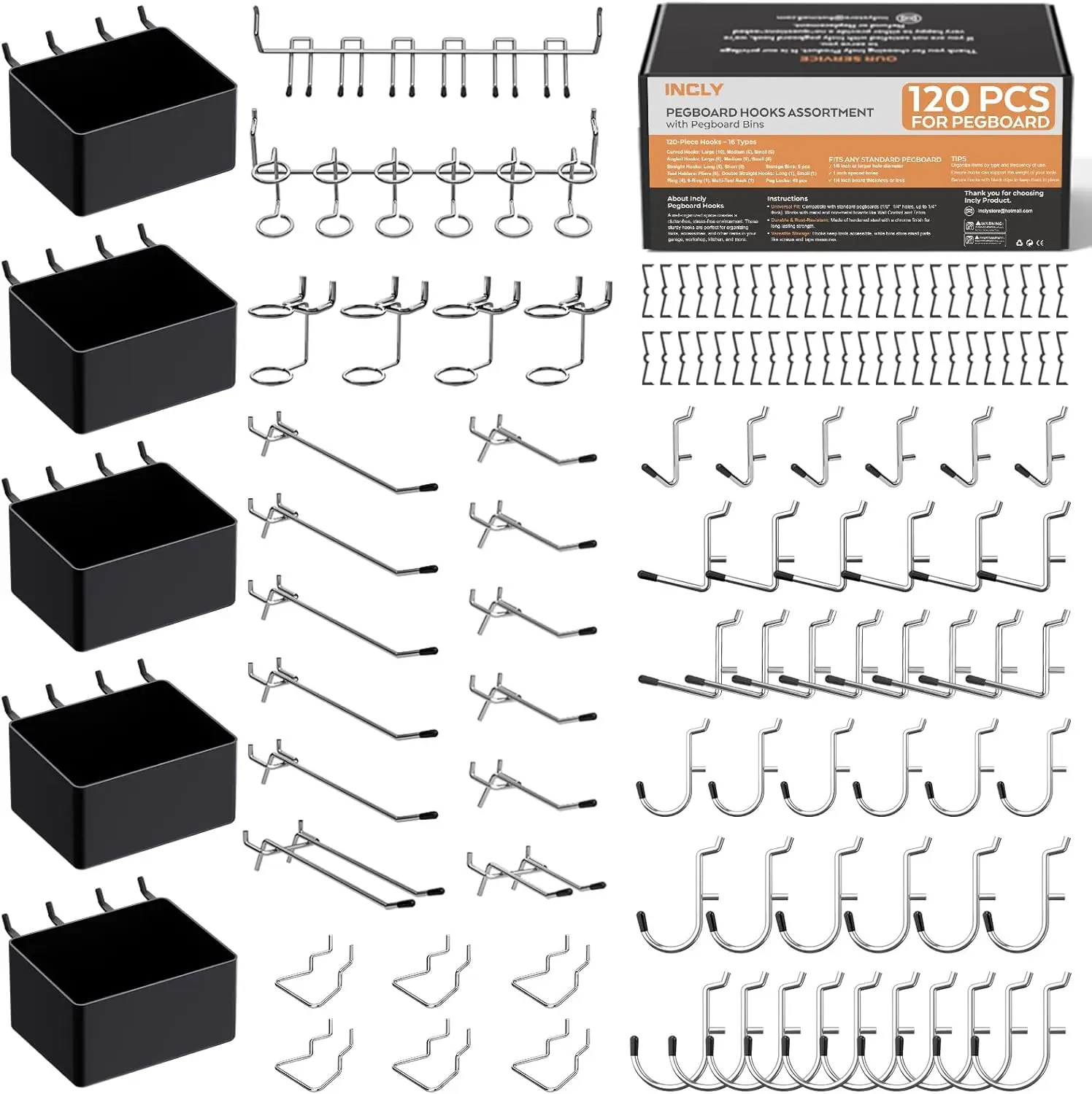 

120PCS Pegboard Accessories Kit with Bins, Hooks for Garage Wall Storage, Fits 1/8 & 1/4 inch Pegboards