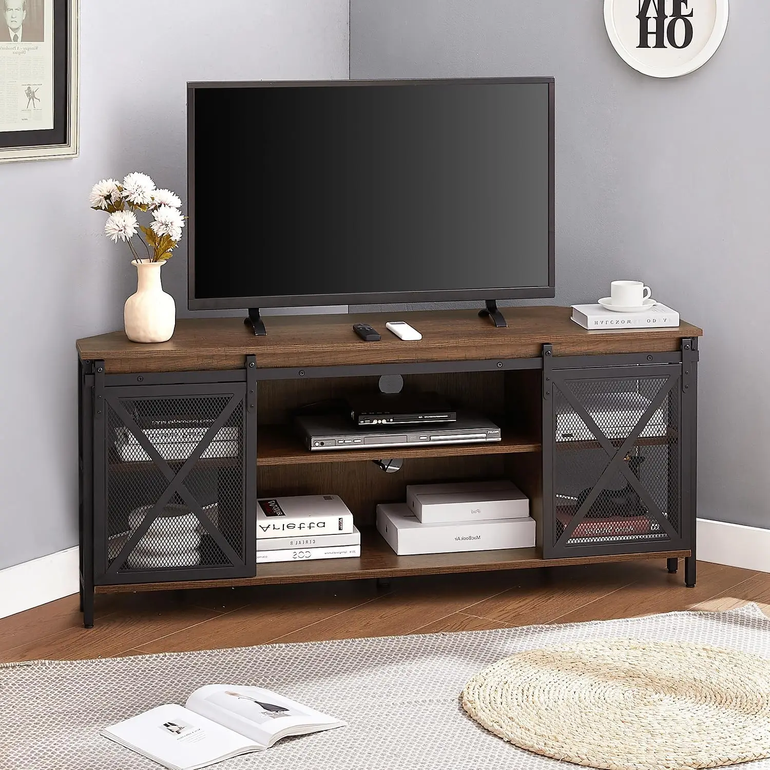 Rustic Corner TV Stand for 55-Inch TVs, Industrial Entertainment Center with Sliding Barn Door and Storage, Brown