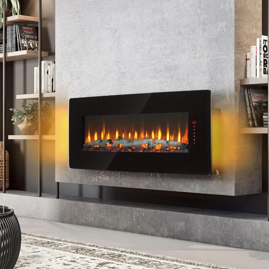 48 Stufa per camino elettrico in vetro curvo con retroilluminazione per soggiorno, montaggio a parete o design da tavolo, fiamma regolabile ed E