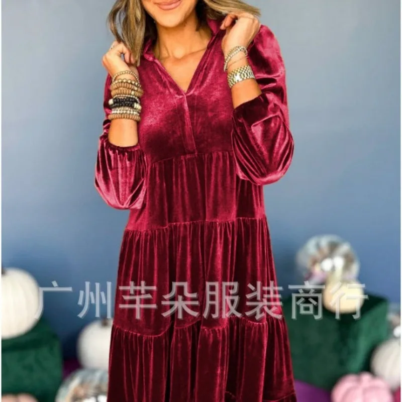 

Vintage High-end High Waist Dresses Women's Clothing Trends Long Sleeve V-neck Velvet Pleated Long Dress Vestibule Party Dresses