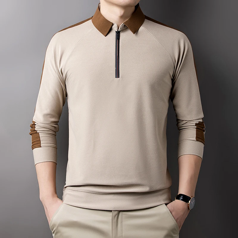 Men's Business Casual Polo Long Sleeve T-shirt Summer Comfortable and Breathable Solid Cotton Top