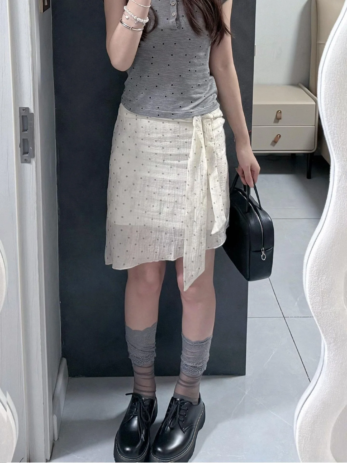 

High Waist Polka Dot Texture Belted Skirt Women's Elegant Summer New Style Slimming Versatile Midi Skirt Korean Style