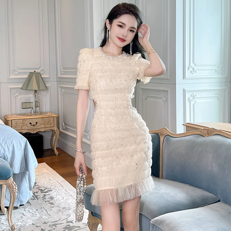 Summer New Sweet Refined round Neck Hollow Embroidered Mesh Stringy Selvedge Dress Women