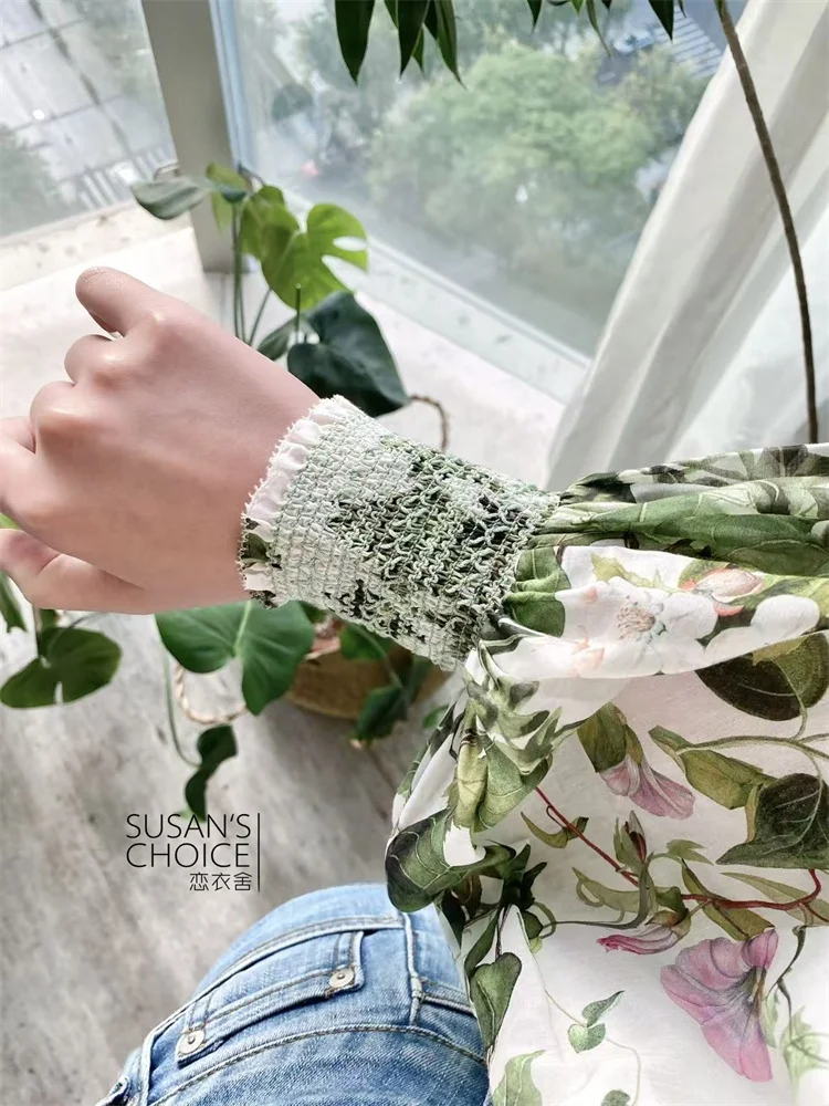 AOオリジナル ファイオン 春夏 エン プリント シルク混紡 Vネック ランタン袖 ターンダウンカラー イルト レディース トップス