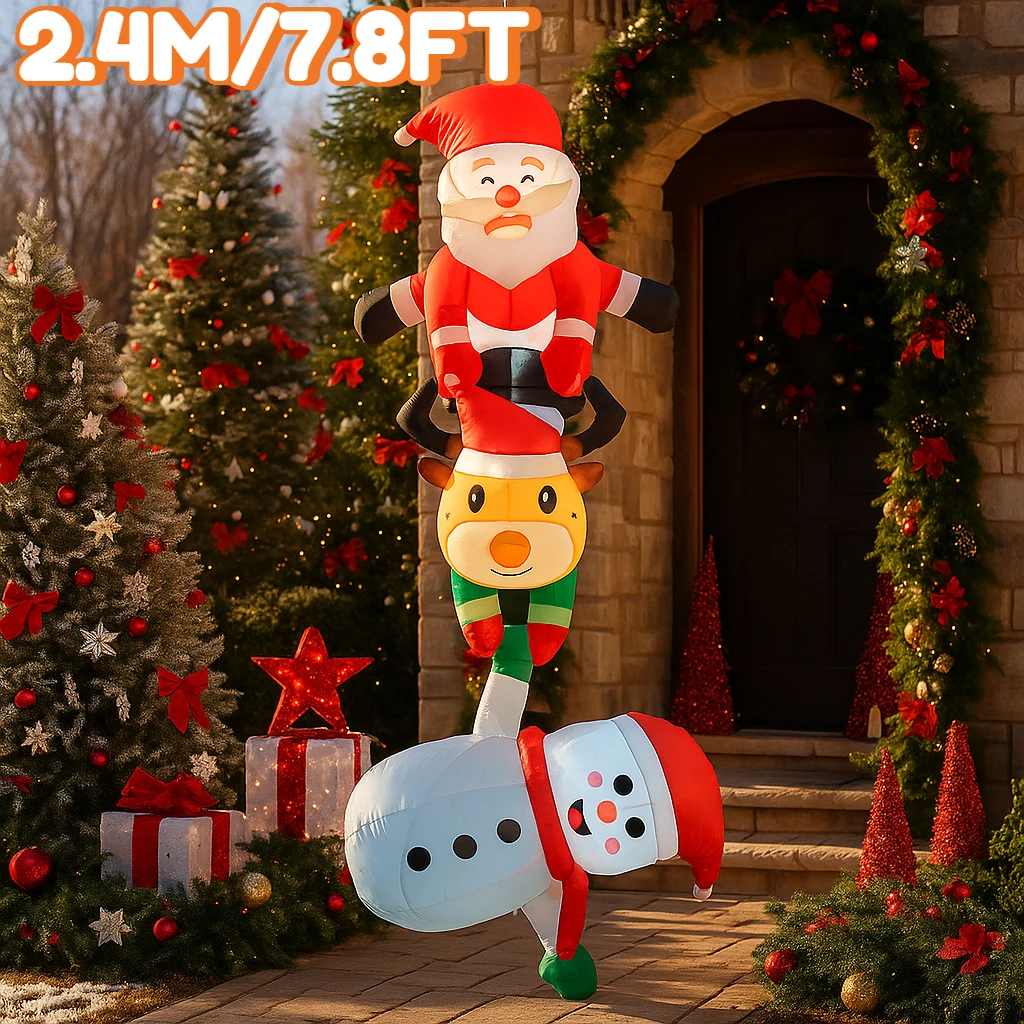2.4M/7.8FT Christmas Decorations Inflatable Toy Santa Reindeer Snowman Stacked Home Yard Xmas Ornaments LED Christmas Party Toy