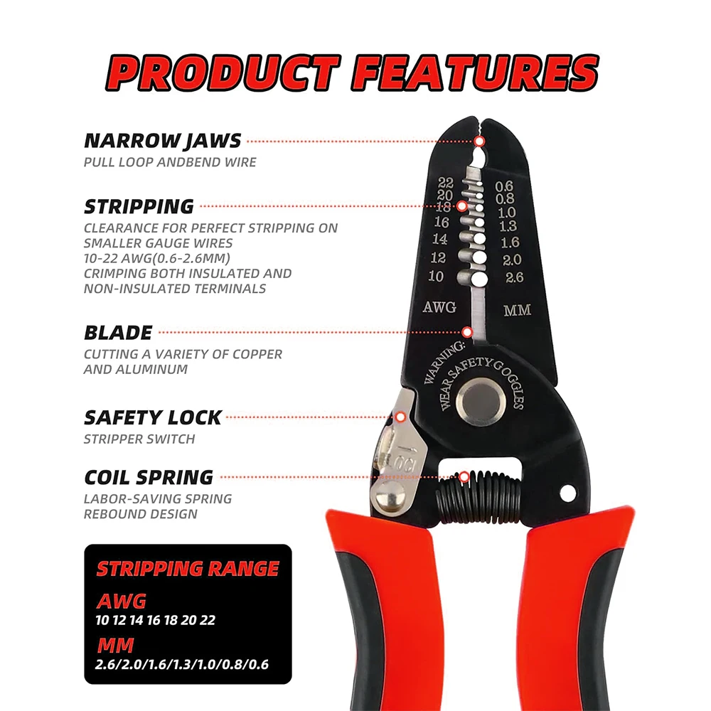 Wire Cutter Stripper Crimper, Cable Stripper with Safety Lock and Coil Spring, Heavy Duty Wiring Tool for Stripping and Crimping