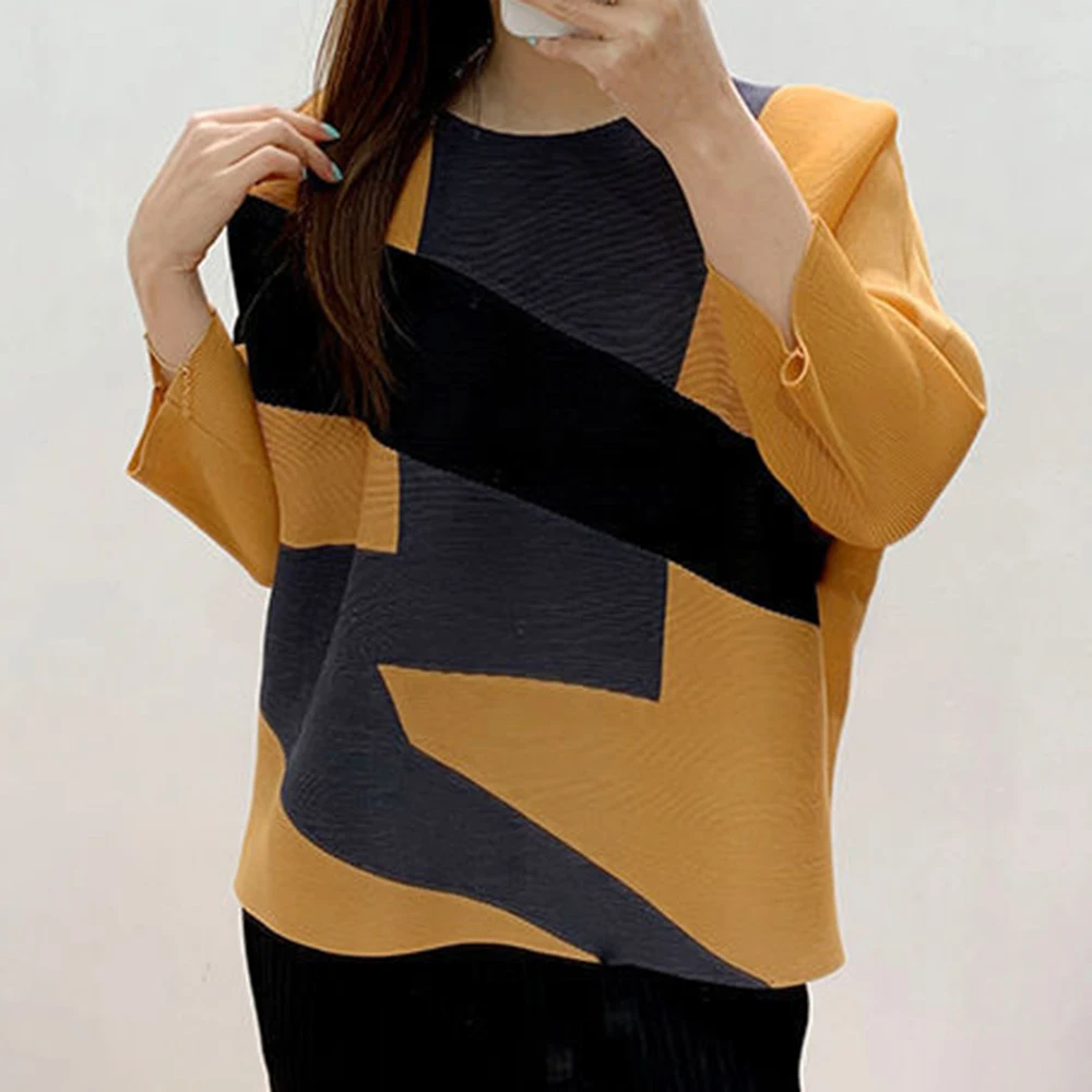 

Trendy fashion printed top seven-quarter sleeve loose and simple thin women's clothing pleated fashion 2025 spring new models