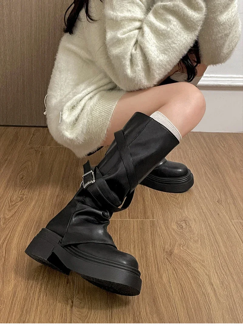 Vintage Damenstiefel mit Dickem Absatz, Modische Slip-On Kniestiefel für Herbst und Winter, Zapatos De Mujer – Detail 5