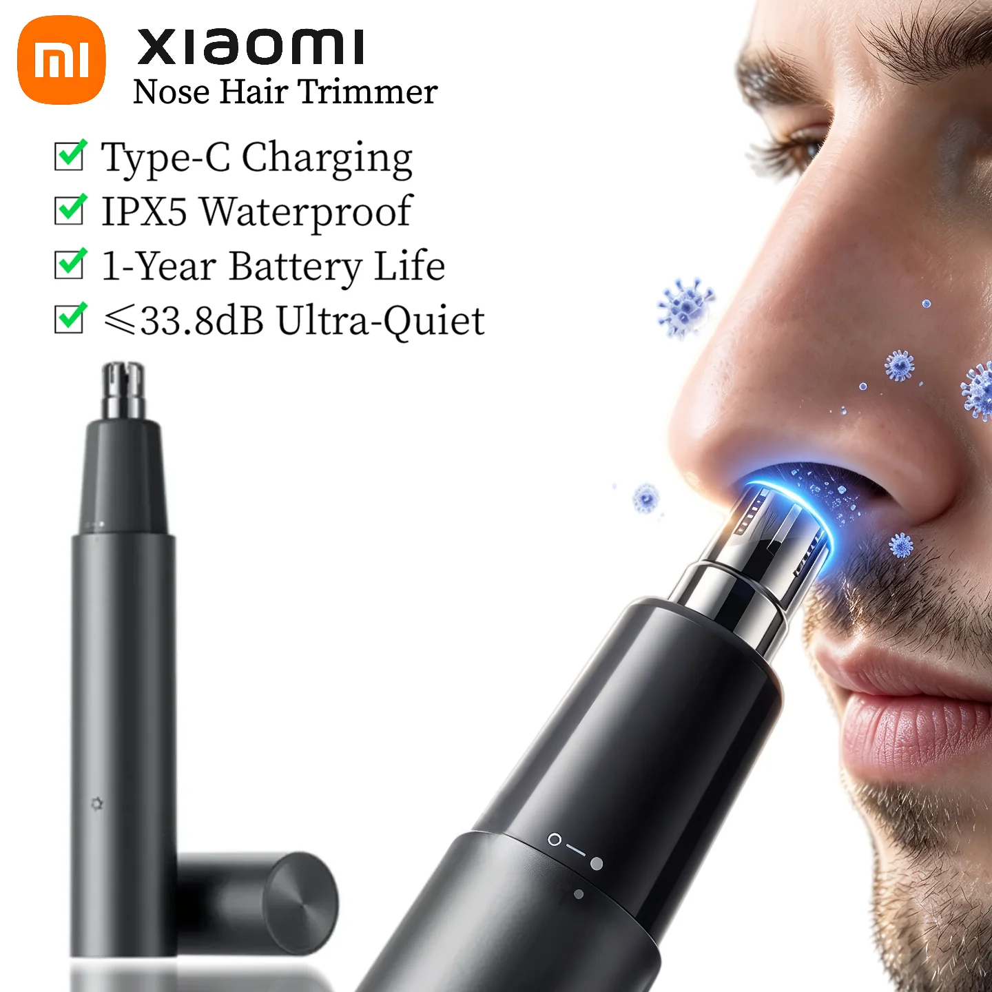 Mijia Electric Nose Hair Trimmer, Quiet Precision Trimming, Safe Antibacterial Head, Type-C, Compact Portable Grooming Tool
