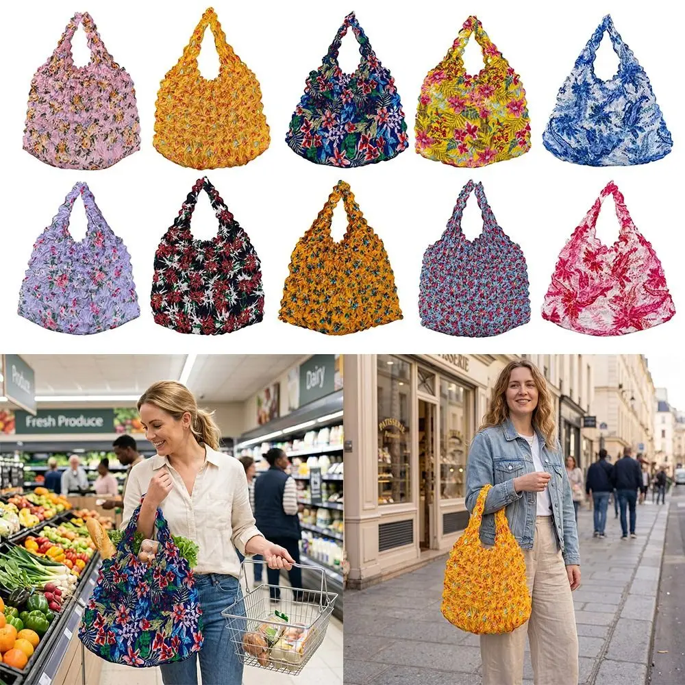 Portable Floral Pattern Bubble Bag Foldable Handheld Tote Bag Expandable Machine Washable Pleated Shopping Bag Daily & Accessory
