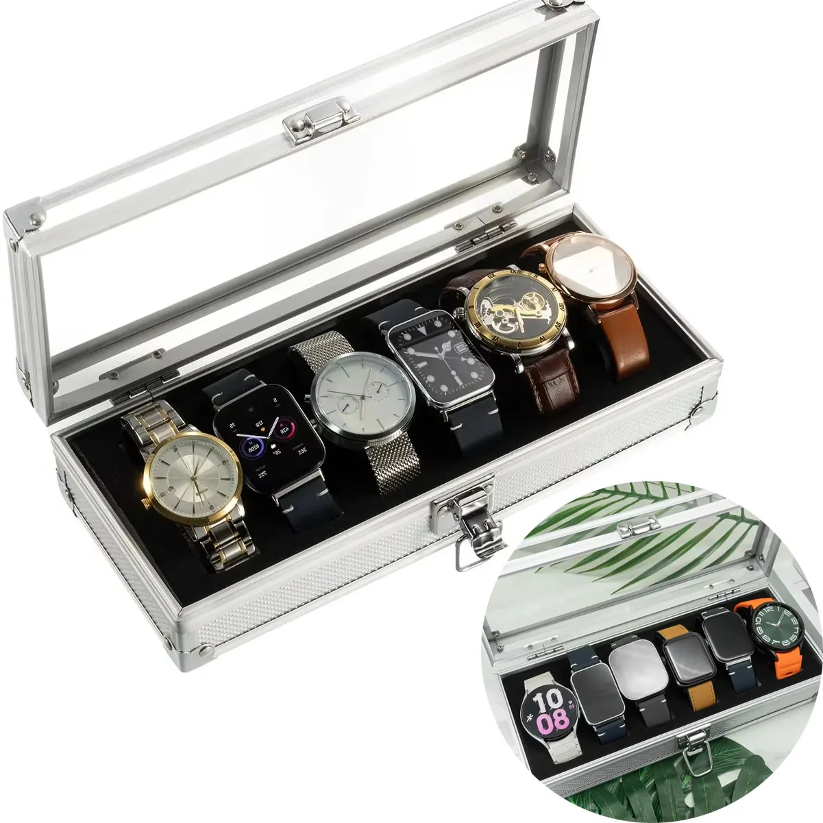 

1pc Aluminium Watches Box 12/6 Grid Slots Jewelry Watches Display Storage Box Square Case Suede Inside Rectangle Watch Holder