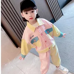 Girls' Set with Pockets Embroidered Lapel Long Sleeved Jacket + Pants 2024 Autumn New Children's Clothing Fashion Kids Outfit