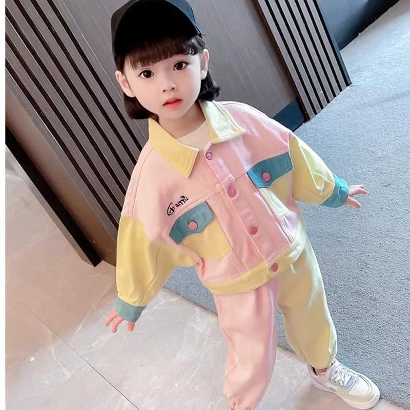 Girls' Set with Pockets Embroidered Lapel Long Sleeved Jacket + Pants 2024 Autumn New Children's Clothing Fashion Kids Outfit