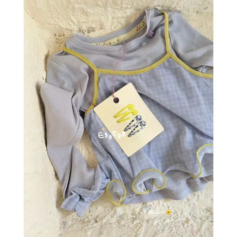 Girls' clothing 2026 Spring New Children's Korean Fashion Round Neck Strap Long Sleeve Base Top