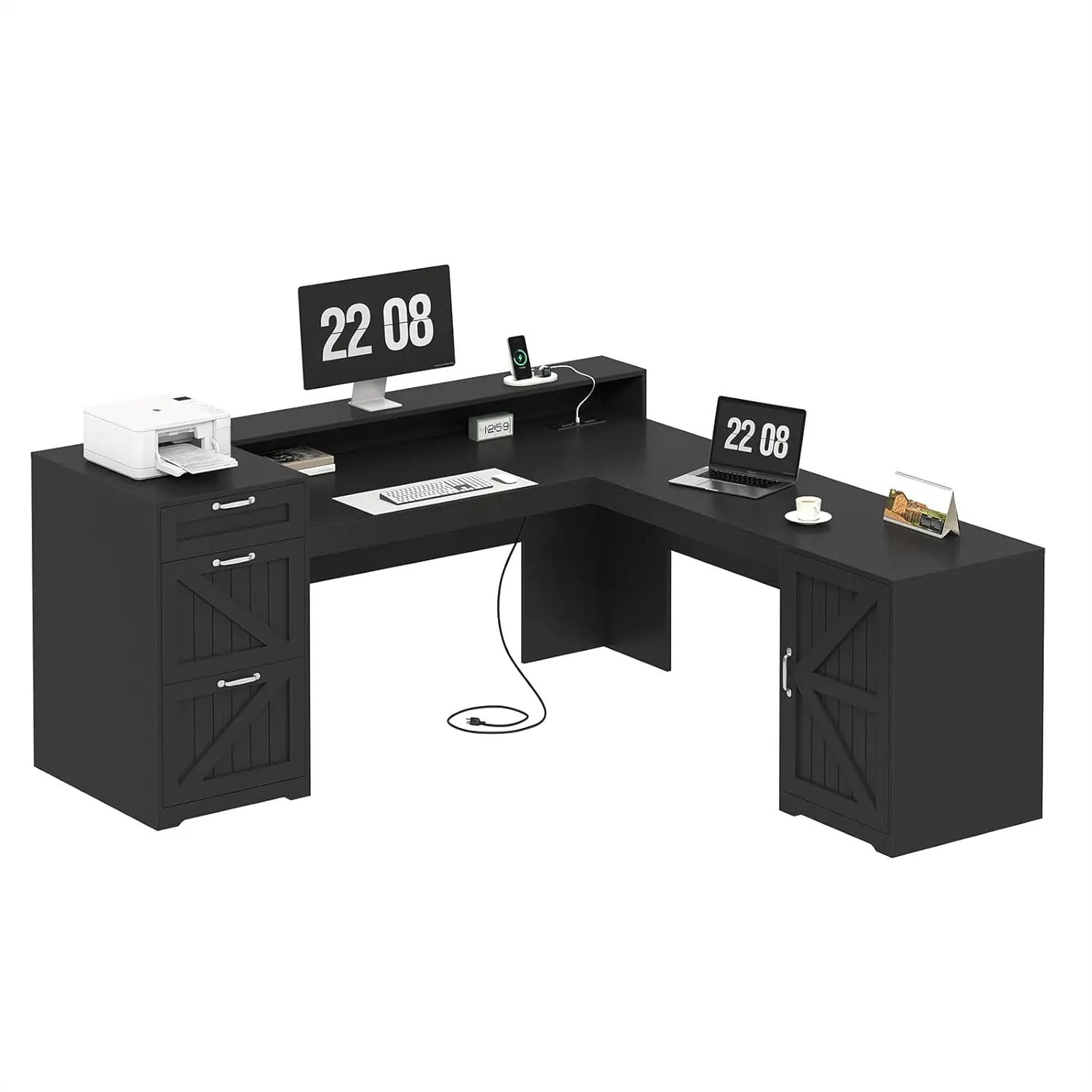 

Farmhouse L Shaped Desk with Drawers and Storage Shelves, 59" L Shape Executive Desk with File Drawers and Power, Customized