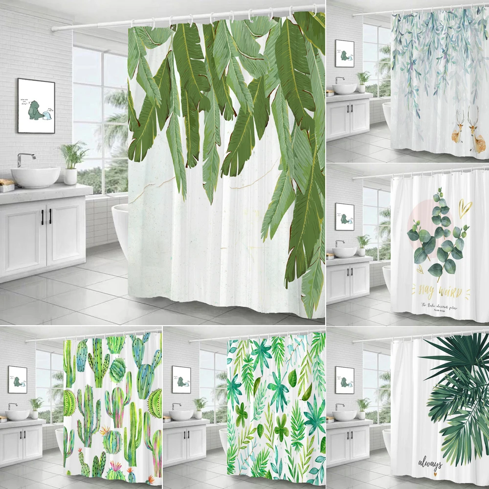 Tropical plants green leaf 3D printing shower curtain polyester waterproof bathroom curtain  home decoration curtain with hook