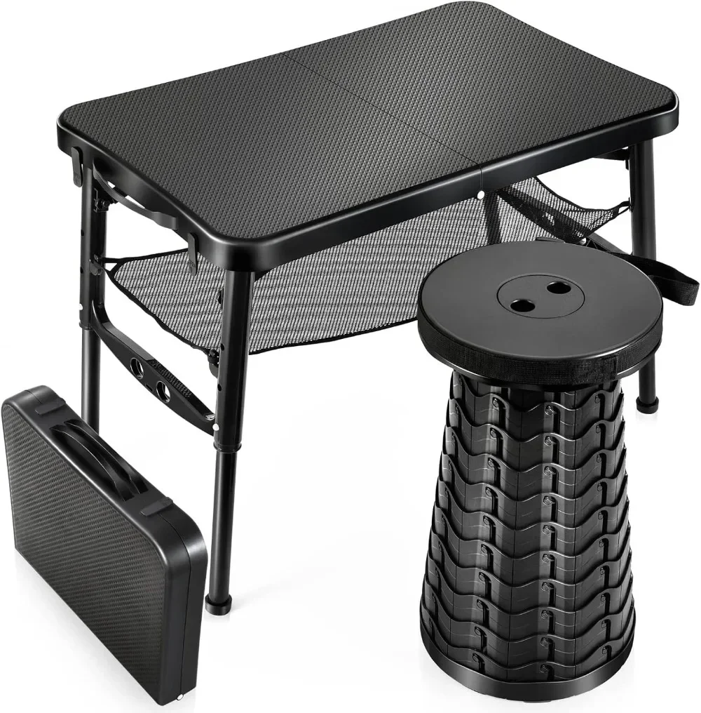 Retractable Folding Table and Stool Set, Portable Camping Foldable Table Lightweight Yet More Sturdy with Adjustable Stool