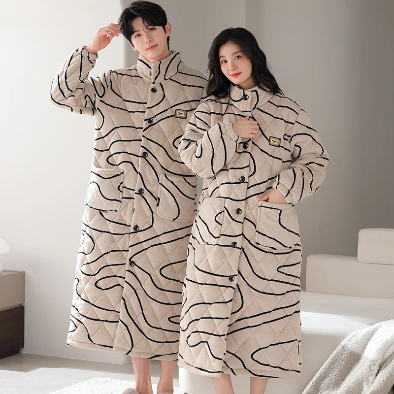 Winter Couple Robe Hooded Pajamas Set Thick Warm 3 Layer Clip Cotton Robe Women And Men Home Clothing