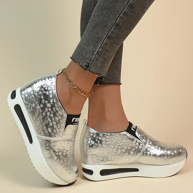 Fashion Silver Thick Bottom Slip On Sneakers Women 2025 Autumn Chunky Platform Casual Mules Shoes Plus Size Lady\'s Loafers Shoes