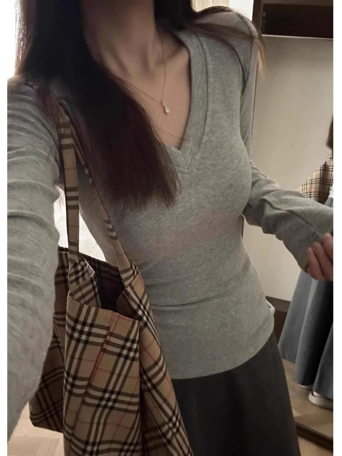 Cseta Interior Ajustada de Manga Larga con Cuello en V y Forro Polar para Mujer, Estilo Informal, para Otoño e Invierno, c...