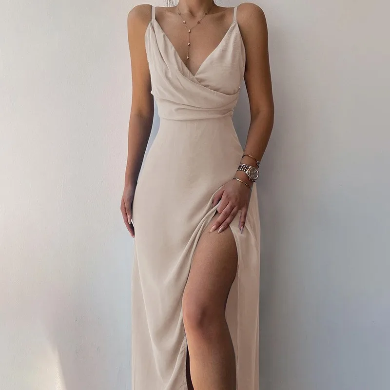 Neues sexy V-Ausschnitt Sling Slit Fashion schlankes Kleid im Sommer