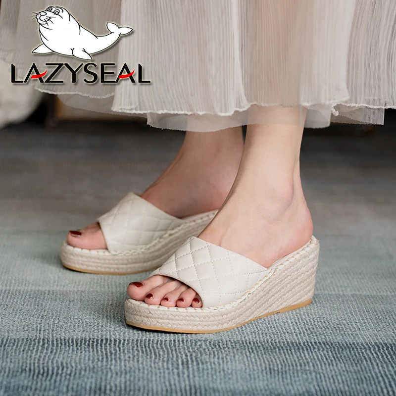 LazySeal Med Heels Wedge Slides Weave Design Soft Women's Beach Casual Slide Female Peep Toe Shoes Plus Size42 Slipper Sandalias