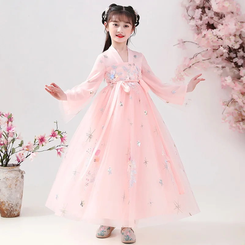 

Princess Girls Long Sleeve Tulle Dress National Embroidery Chiffon Hanfu Vintage Chic Bohemian Confucian Dresses Party Frocks