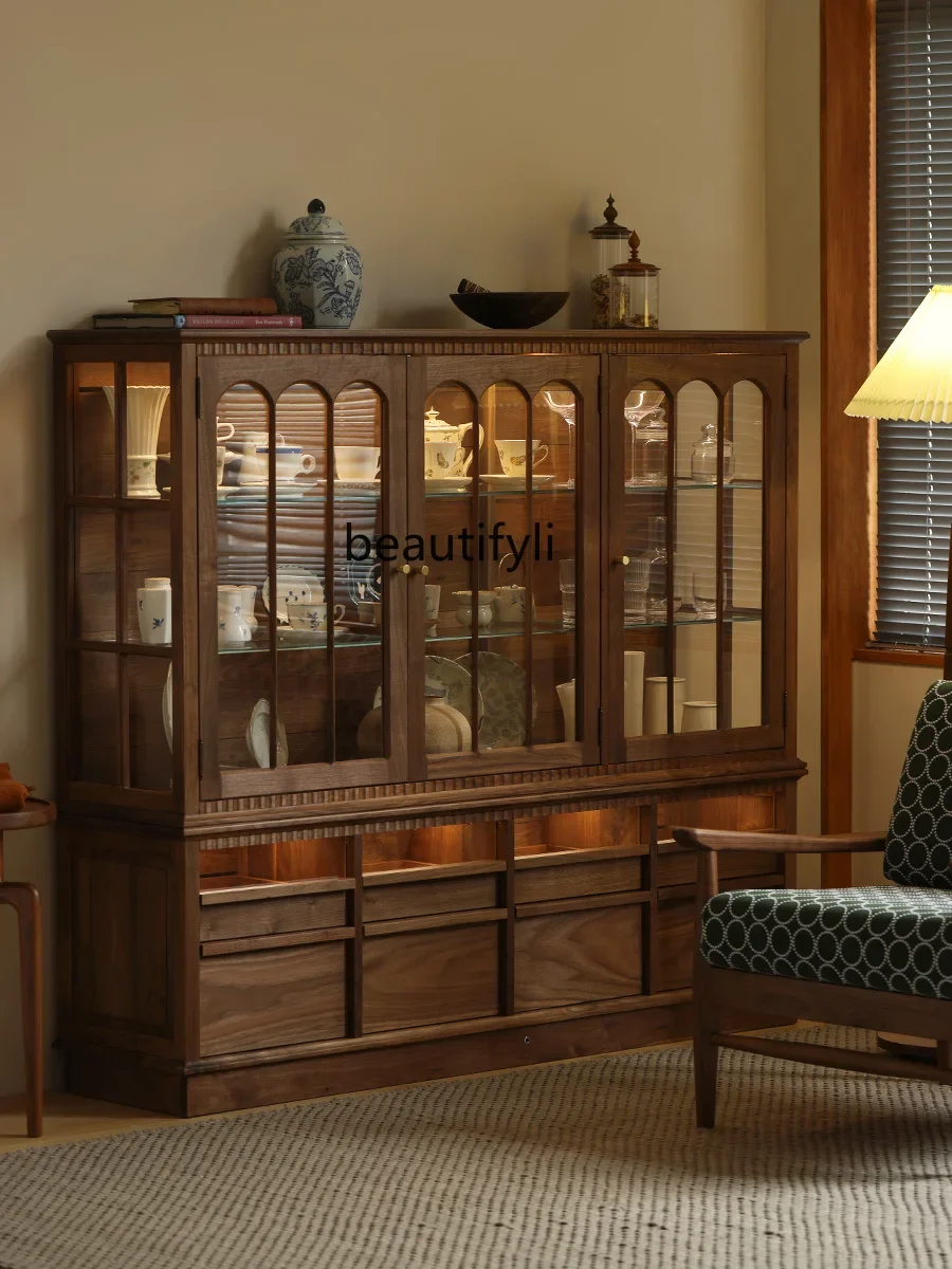 French retro tea set porcelain display cabinet black walnut glass wine cabinet with lamp side cabinet