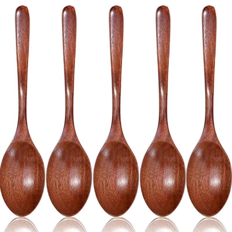 5/1Pcs Japanese Wooden Spoon Long Handle Soup Spoons Round Teaspoon for Coffee Honey Stirring Drinking Porridge Scoops Tableware