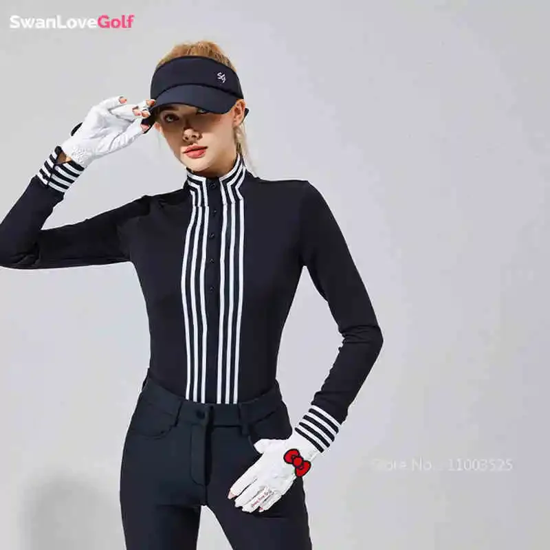 SG Women Golf Clothing Autumn Winter Stand Collar Striped Shirts British Style Long-sleeved Golf T-shirt Warm Sports Polo Tops