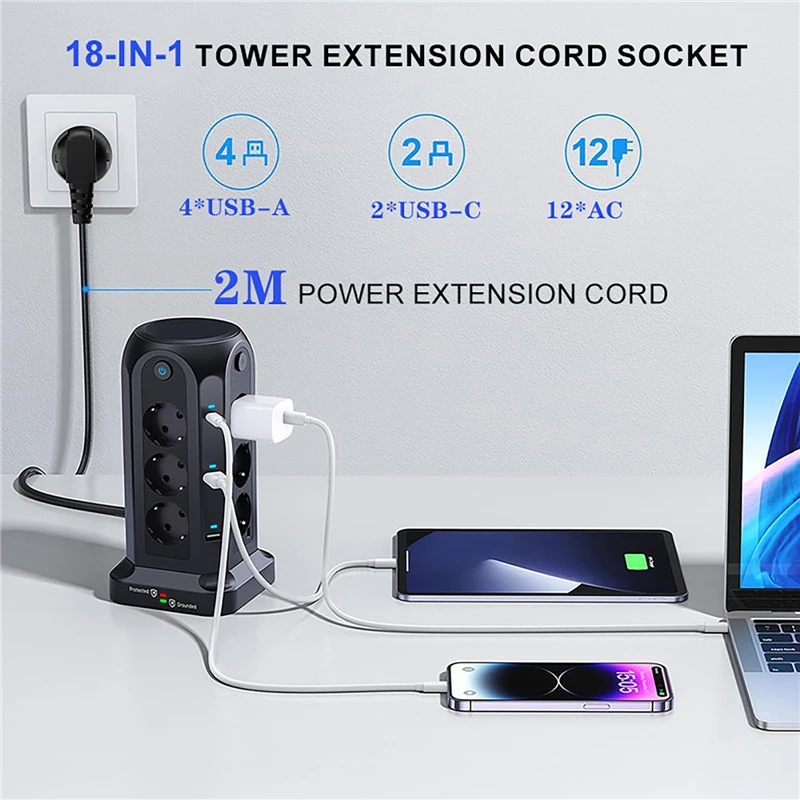 eu-18-in-1-multi-socket-tower-with-6-usb-ports-independent-control-switch-design-for-home-office-plug-in-boards-2500w-10a