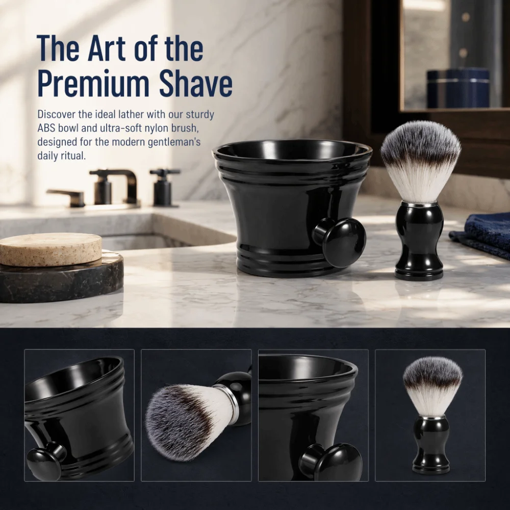 ABS, Nylon Shaving Brush and Bowl Set Black Quick Lathering Beard Care Kit Glossy Finish Compact Portable Grooming Kit