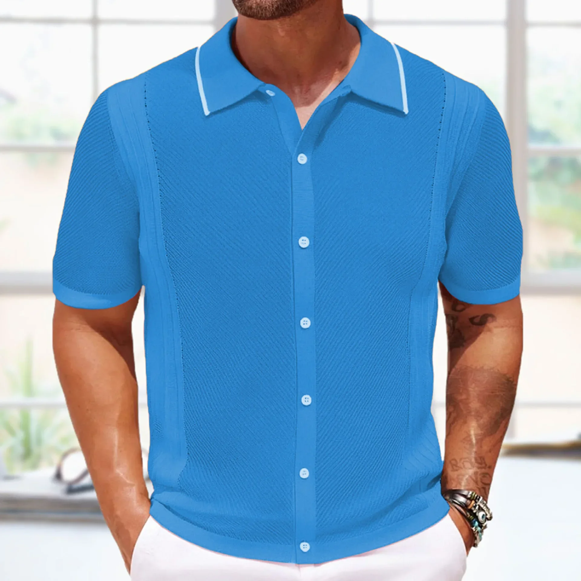 Pop European And American Style Men's Spring Summer Fashion Solid Color Casual Trendy Business Shirts Turn-down Collar Polo Shir