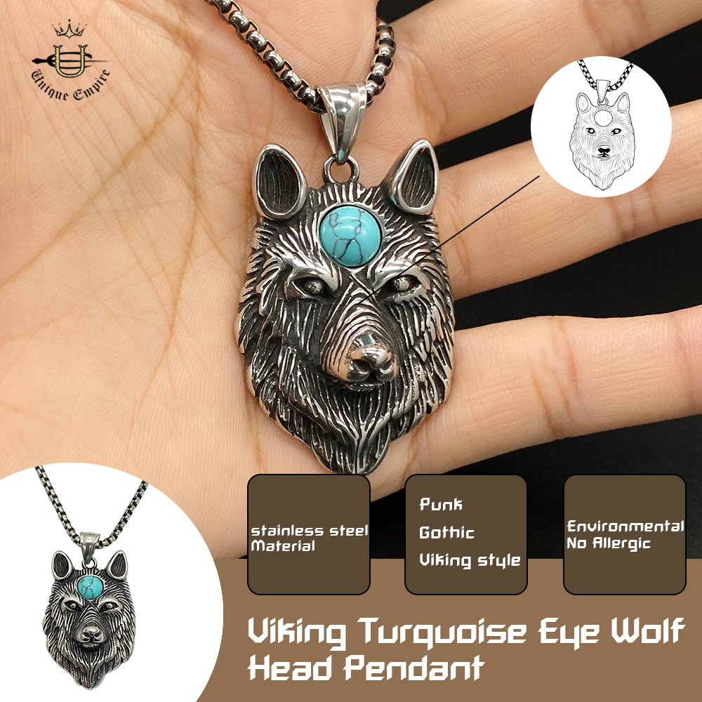 

Viking Turquoise Eye Wolf Head Pendant Viking Totem Stainless Steel Necklace Trendy Men's Motorcycle Band Jewelry