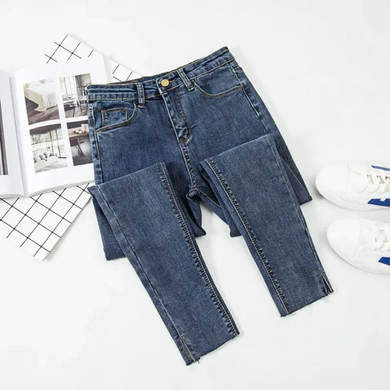 Retro elastic slimming high waisted cropped pants with split legs, women's jeans