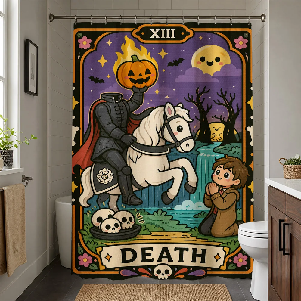 Scary Spooky Halloween Shower Curtain Death Reaper Pumpkin Skeleton Gothic Horror Bathroom Decor Fall Art Man Cave Seasonal Deco