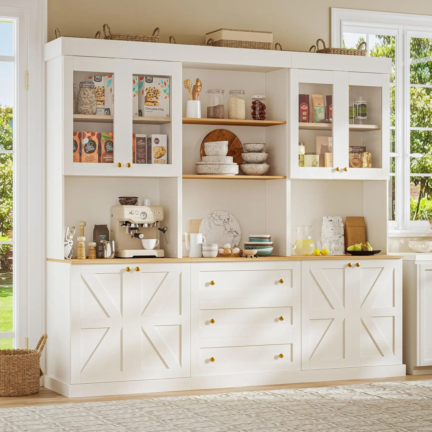 

71" Farmhouse Kitchen Pantry Cabinet Set of 3, White Freestanding Coffee Bar Hutch with Glass Doors, Drawers & Adjustable Shelve