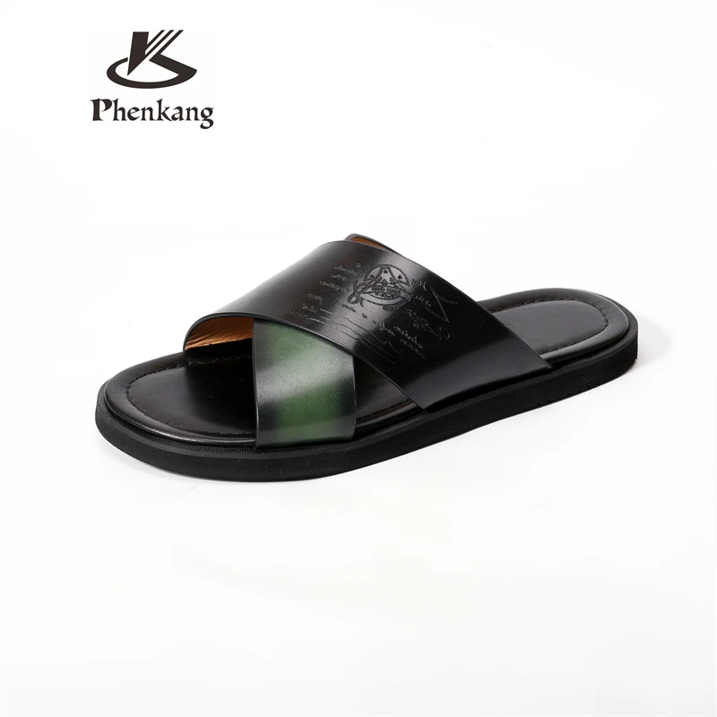 Men's Leather Slide Sandals Cross Strap Open Toe Non-Slip Slippers Black Brown Gradient Casual Outdoor Summer Beach Footwear