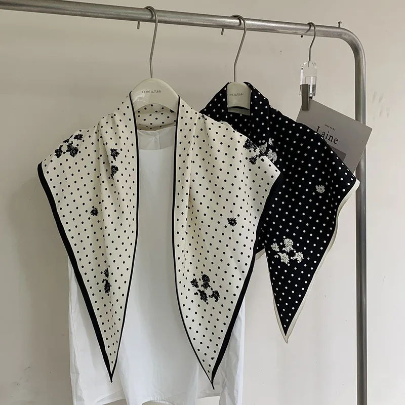 

French polka dot romantic triangle scarf, women's faux silk printed scarf, sun-shading and UV protection, travel photography,