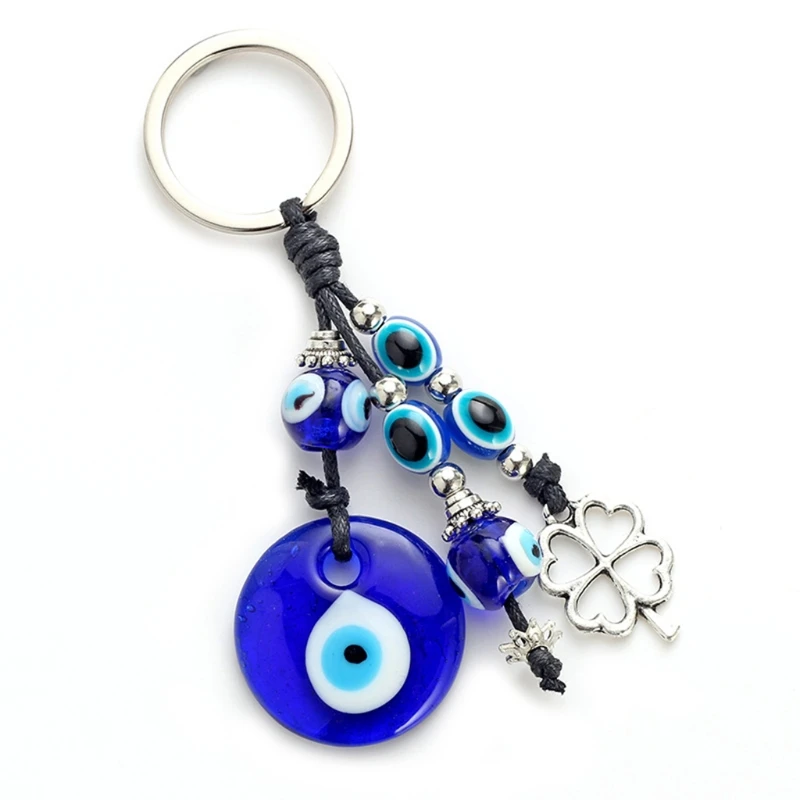 Turkish Blue for Evil Eye Keychain Car Pendant Keychain with Blue Beads Four-leaf Clover Keychain Good Luck House Keyrin