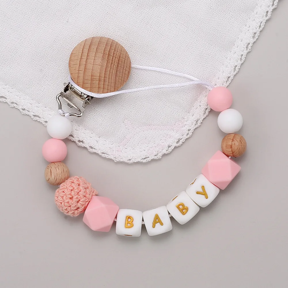 INS Personalized Name Baby Pacifiers Clips BPA Free Silicone Letter Gold Dummy Nipple Holder Clip Chain Teething Toy Accessories