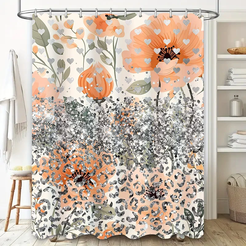 Modern Floral Bath Curtains Orange Grey Water-resistant Shower Panels for Bathroom Decoration Size Customizable