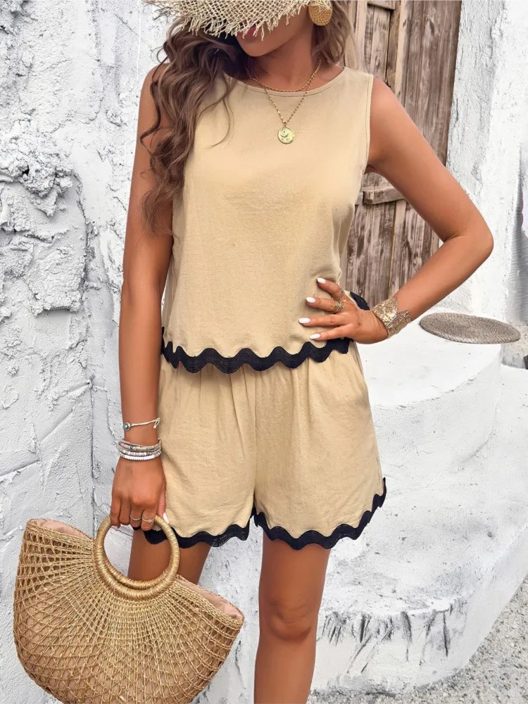 

Casual Patchwork Holiday Set Womens Clothing Fashion Sleeveless O Neck Tops+Shorts 2 Piece Sets For Women Summer Beach Boho New