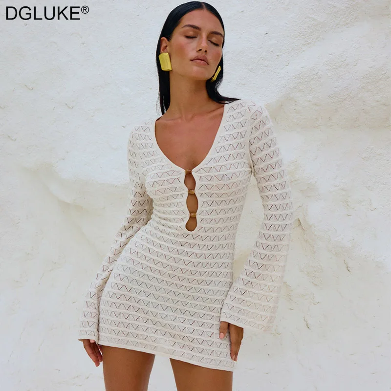 DGLUKE 2025 New Bikini Cover Up Dress For Women Sexy White Crochet Beach Dress V-Neck Long Sleeve Mini Summer Dress