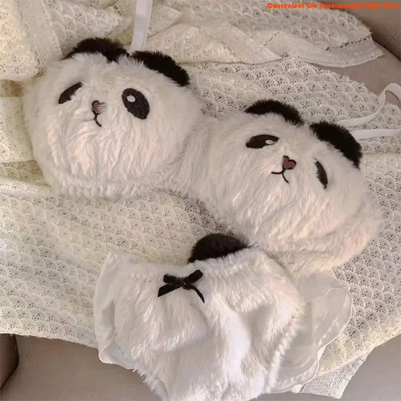 F92D Womens Anime Cartoon Panda Plush Bra and Panty Set without Underwire Furry Underwear for Cosplay Parties or Everyday Use